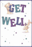 Radiating warmth, this illustrated get well card captures a spirit of playful encouragement that feels right at home in Chingford's welcoming community. Two animated friends-a delightfully fluffy bear and a floppy-eared pup-are brought to life with inviting brushwork, their expressions exuding kindness. The pair interact joyfully with the large 'Get Well' lettering, shaded in vibrant indigo and cool teal, every letter edged in soft light against a clean, creamy-white canvas. Playful blue and purple stars dance around them, each one a gleam of hopeful energy, much like wishes whispered among friends gathered in Ridgeway Park. The scene's textural details-the gentle fur, the rounded contours-create a sense of comforting tactility, echoing the embracing softness of a hand-tied get well bouquet crafted by local Chingford florists. This card becomes more than just a visual; it's a vessel of support and gentle healing, its message carried by characters who seem poised to step off the page and deliver comfort right to a neighbour's door.