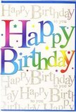 In this image, a birthday greeting card stands proudly, radiating the kind of upbeat energy that would sit perfectly beside a colourful bouquet on a Chingford coffee table. The central focus is the bold phrase Happy Birthday, written in large, rounded letters that span almost the full width of the card. Each letter wears its own shifting blend of colour, forming a smooth rainbow that flows from rich cherry red through warm orange and lemon yellow into fresh spring green, sky blue, deep cobalt, and a final flourish of violet. The effect is playful yet polished, like a carefully curated display in a boutique near Chingford's town centre. Behind this headline text, the background is filled with a repeating line, Happy Birthday to you, scripted in delicate, looping gold lettering. This script is fine and slightly shimmery, reminiscent of gold foil or a dusting of glitter that catches the light as the card is tilted, adding a soft sparkle that never feels brash. The repetition of the phrase across the card creates a gentle visual rhythm, as if a quiet chorus of well-wishers is singing in the background. The card's surface appears smooth and semi-glossy; the main rainbow letters likely stand out with a subtle raised or UV finish, giving a touch of texture. Overall, the design blends bold colour with refined detail, creating a card that feels perfect for any age-from children in schools near Larkswood to adults celebrating big birthdays around Chingford Hatch-and ideal to accompany a festive birthday flower delivery within the local area.